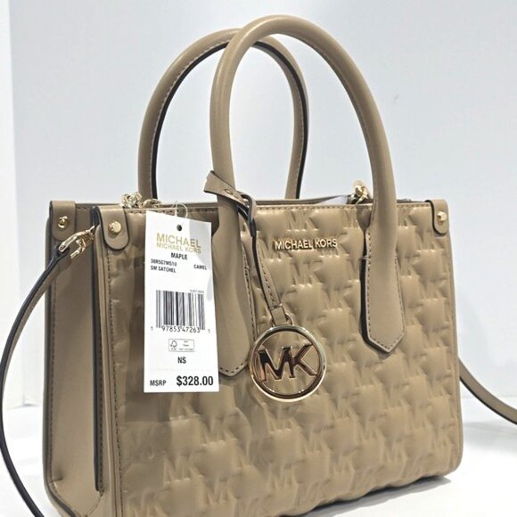 NWT ✅  Michael Kors MAPLE Small MK Embossed Leather Satchel CAMEL (Taupe) ✨NWT - Picture 1 of 14